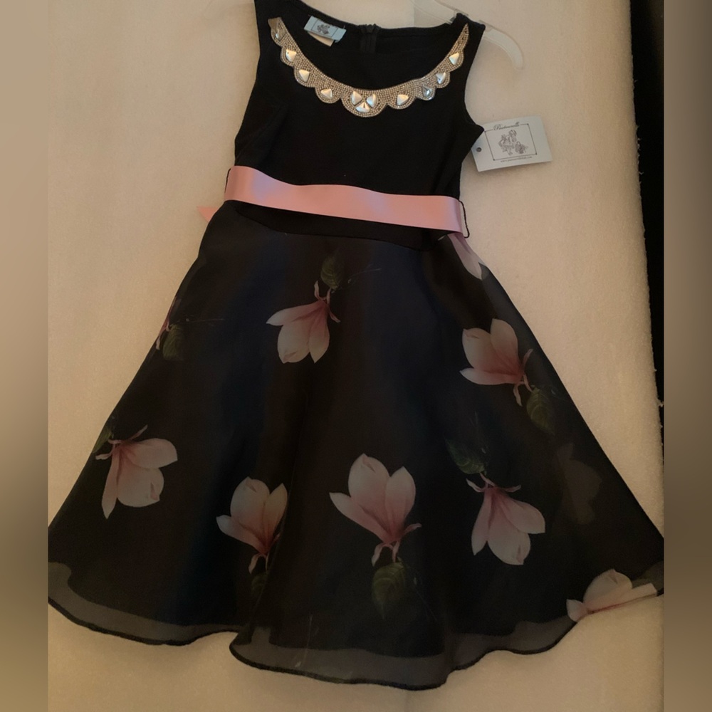 Pastourelle Black Dress with Pink Floral Accents
